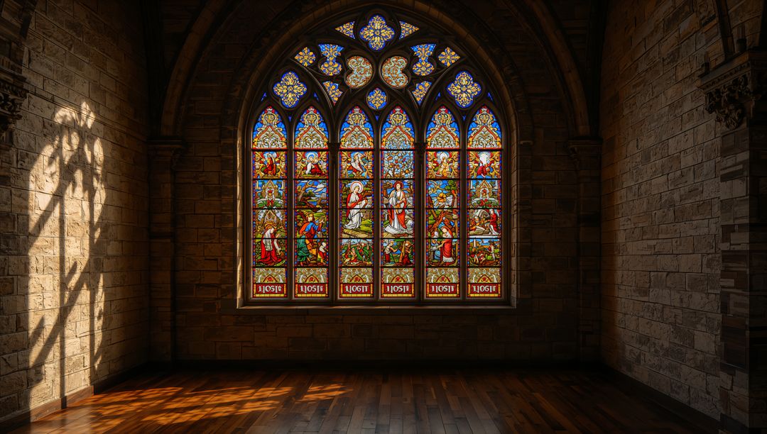 Enchanting Arched Stained Glass Window Casting Ethereal Glows in Cathedral