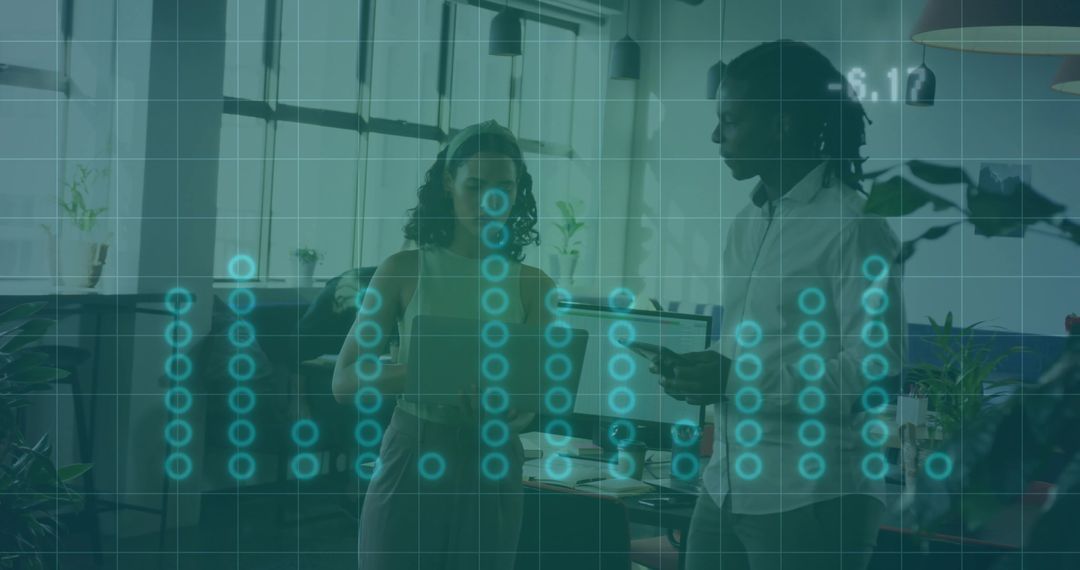 Colleagues in Discussion with Digital Data Overlay in Modern Office