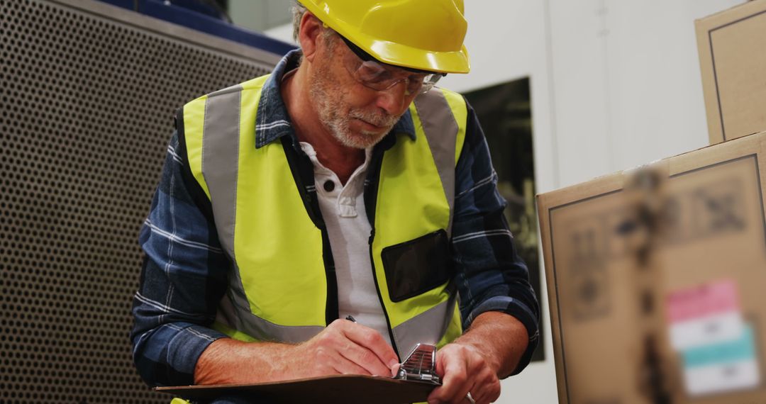 Senior Worker in Yellow Hard Hat Checking Inventory in Warehouse<br> - Free Images, Stock Photos and Pictures on Pikwizard.com