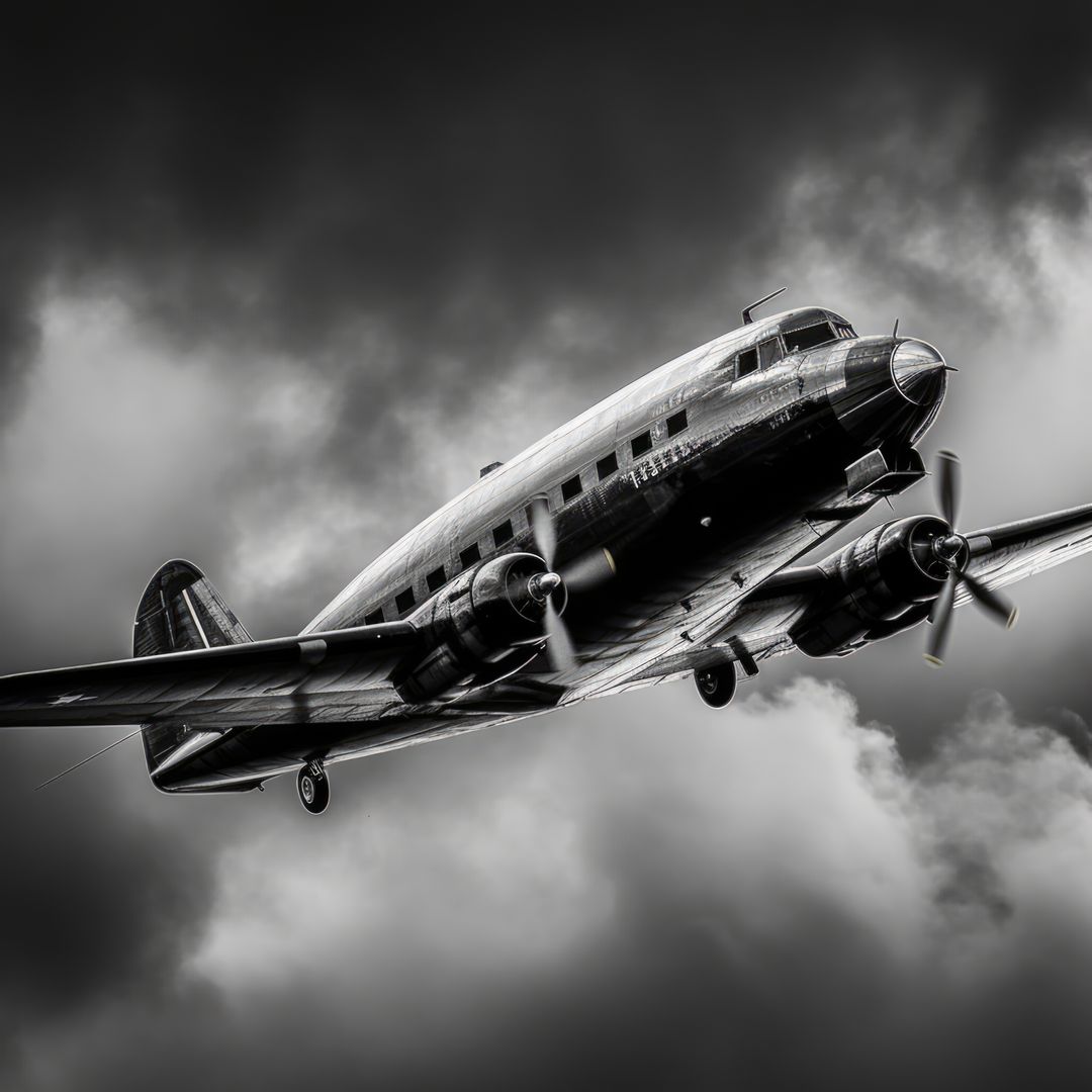 Vintage Airplane Flying Through Stormy Sky in Black and White - Free Images, Stock Photos and Pictures on Pikwizard.com