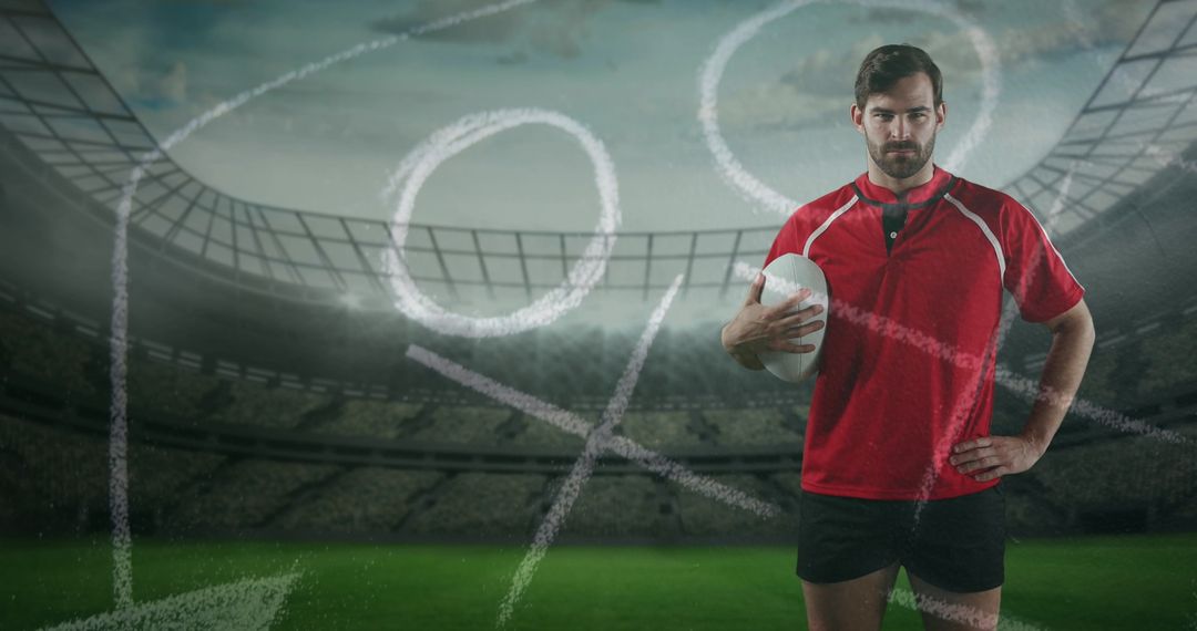 Rugby Player in Stadium with Strategic Game Plan Sketch