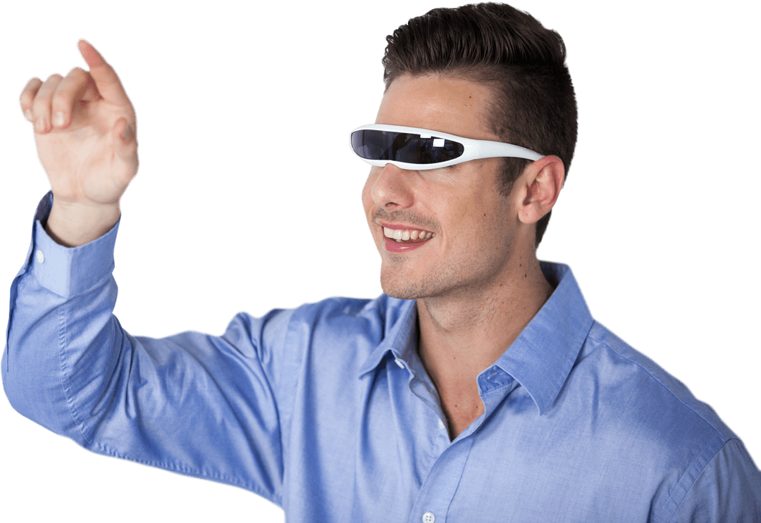 Smiling Man Engaging with Virtual Interface Using Transparent Smart Glasses - Download Free Stock Images Pikwizard.com