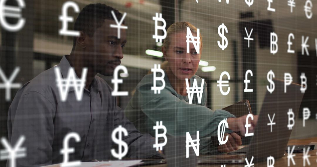 Diverse Team Analyzing Global Currency Data in Office Setting