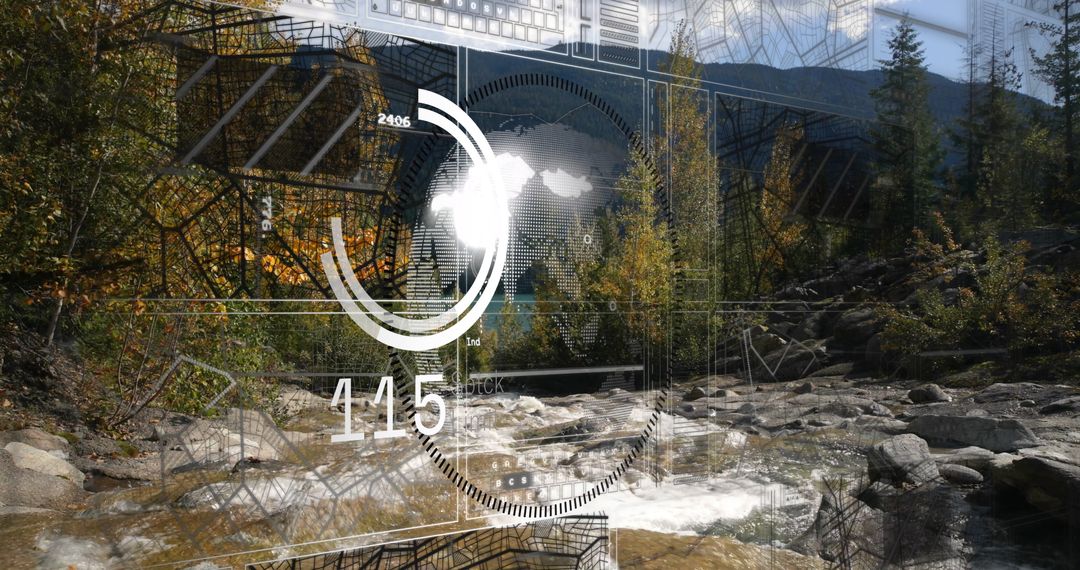 Digital Interface Overlaying Scenic Autumn Mountain Stream