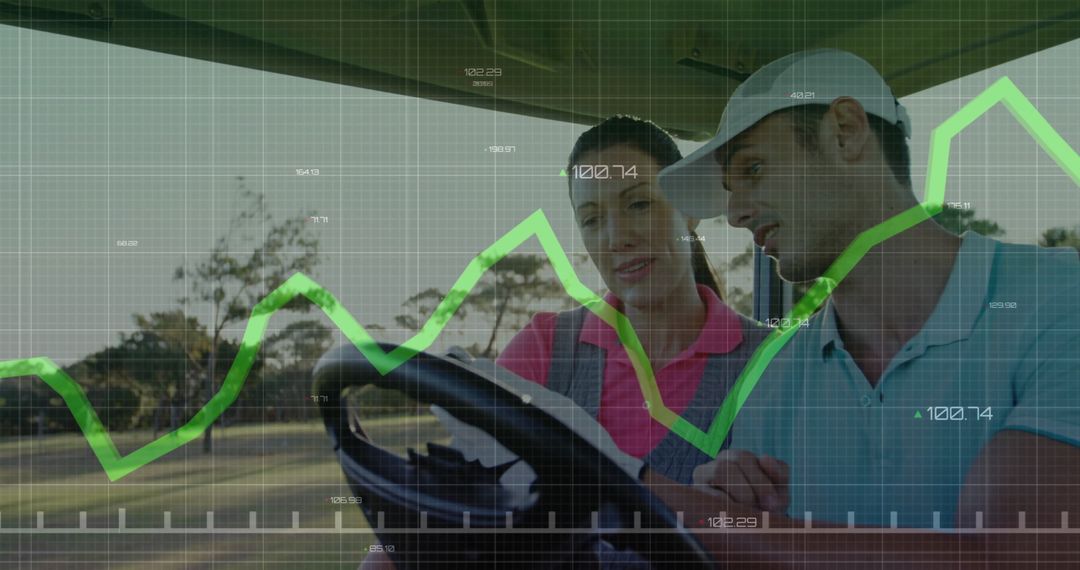 Golfers Analyzing Data on Course in Moving Golf Cart