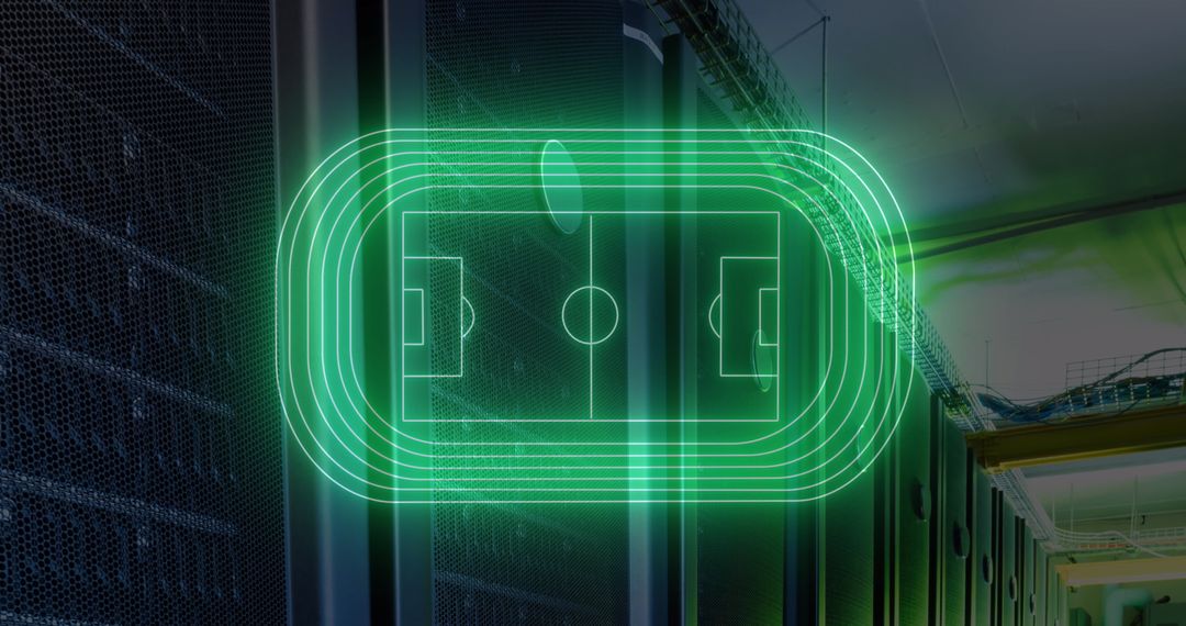 Futuristic Neon Soccer & Track Hologram Over Servers