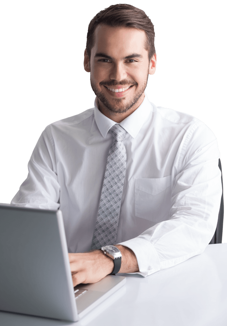 Transparent Smiling Businessman Typing on Laptop