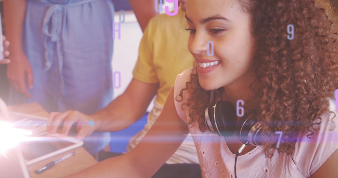 Young Students Collaborating with Digital Interface Overlay