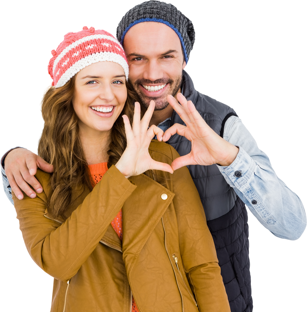 Happy Couple Wearing Winter Outfits Making Heart Gesture Transparent - Download Free Stock Images Pikwizard.com