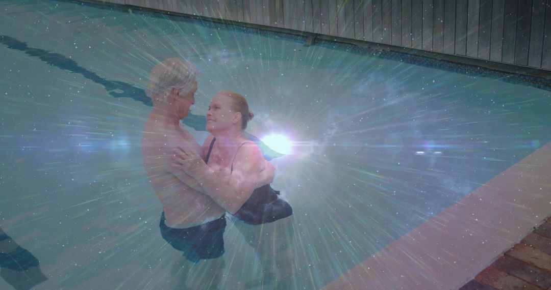 Senior Couple Embracing in Pool with Radiant Water Effect