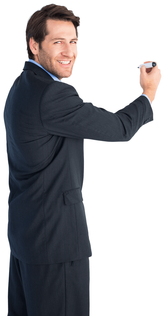 Transparent Businessman Writing with Marker Smiling Confidently