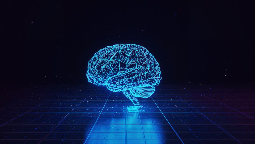 Futuristic Wireframe Brain Hologram on Digital Grid