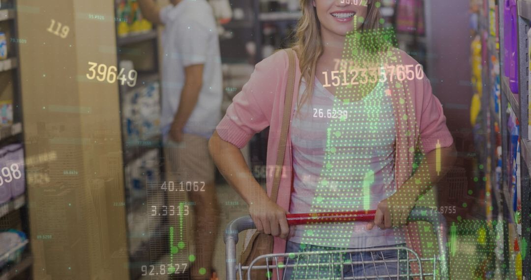 Blurred Financial Data Overlay Networking Female Shopper with Cart