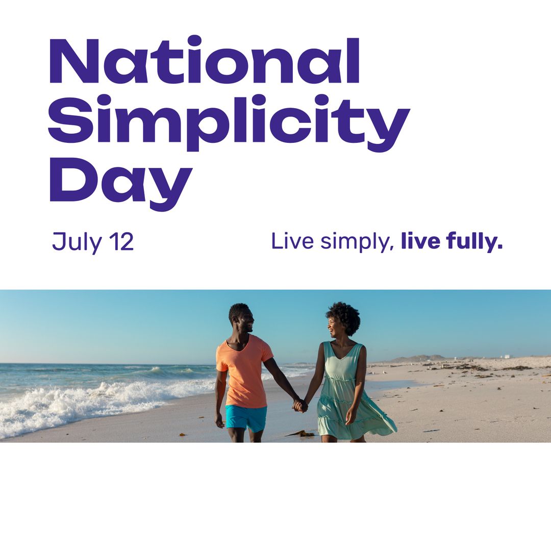 Happy Couple Walking on Sunny Beach for National Simplicity Day