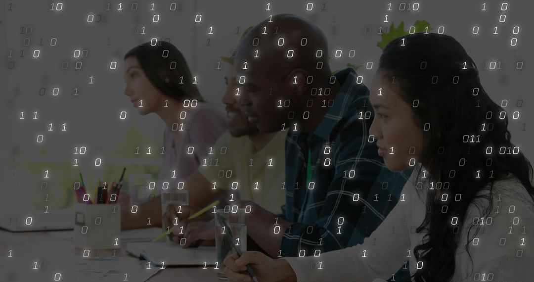Diverse Office Team Brainstorming with Binary Technology Overlay
