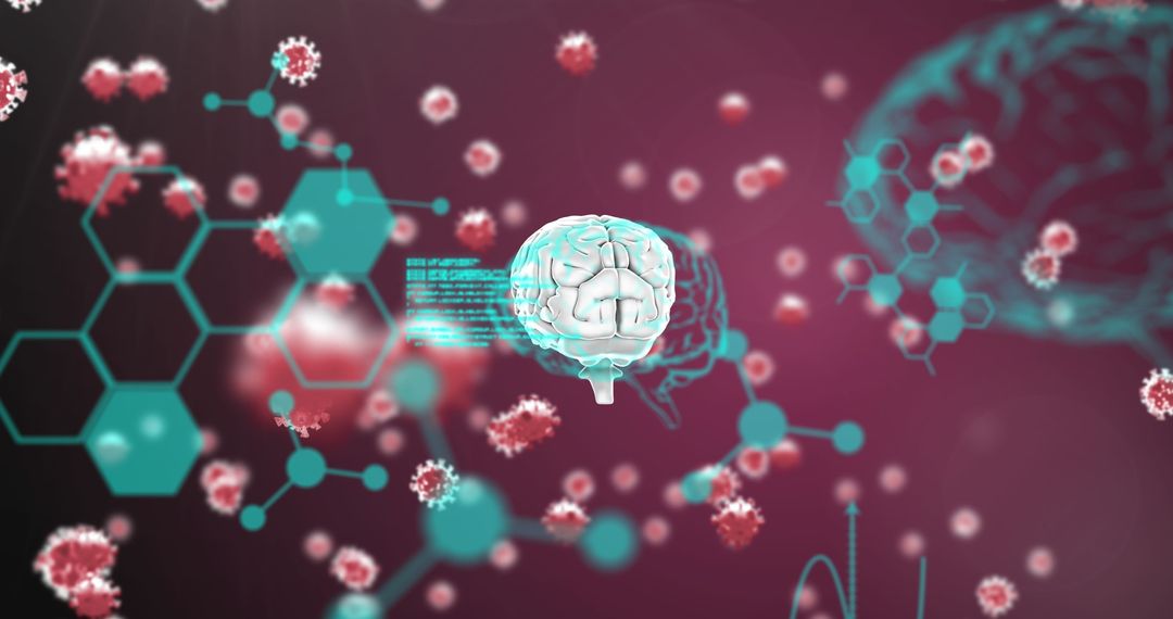 Digital Brain Amidst Virus Particles and Scientific Symbols