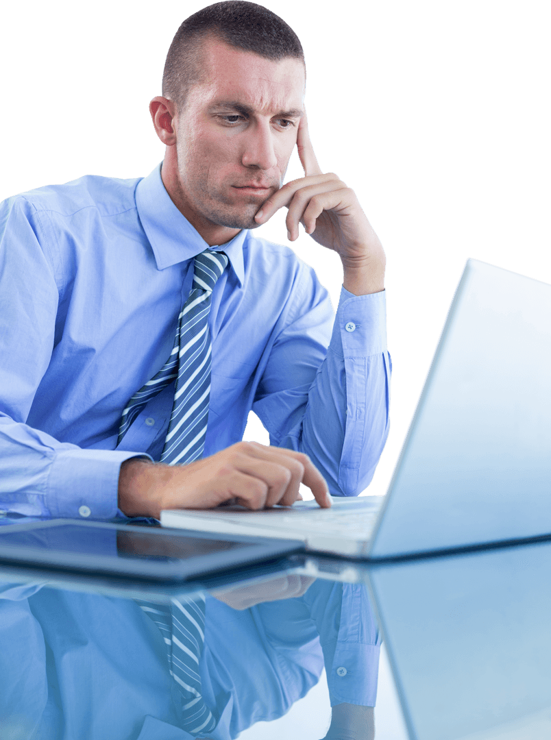 Transparent Businessman Using Laptop with Reflective Surface