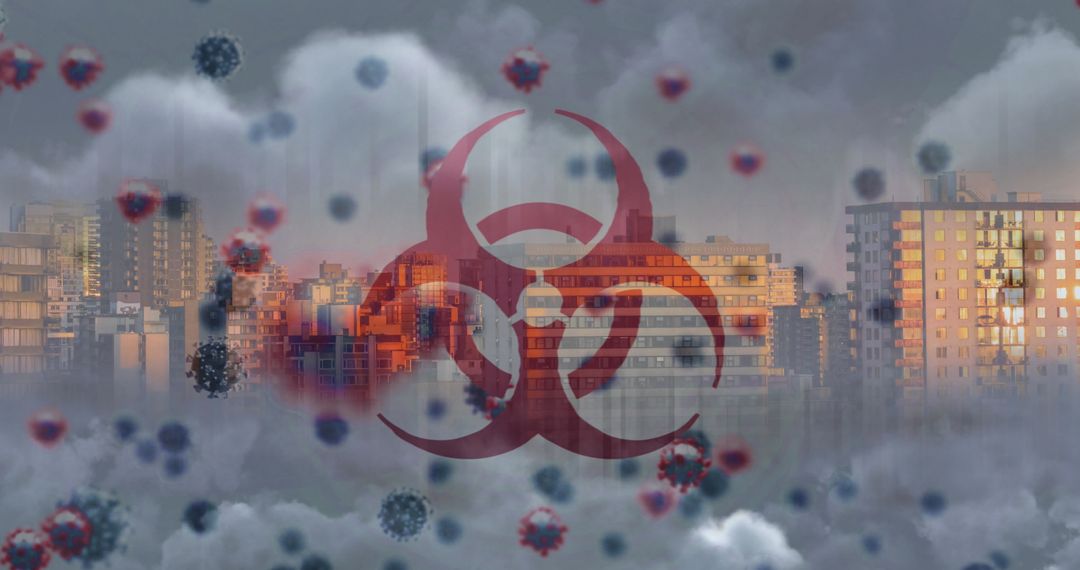 Dystopian Skyline with Biohazard Symbol and Airborne Virus Particles