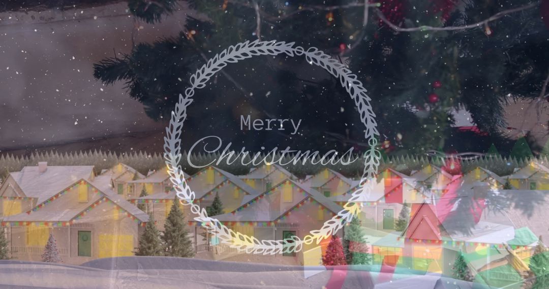 Snowflakes on Christmas Village under Tree with Festive Message