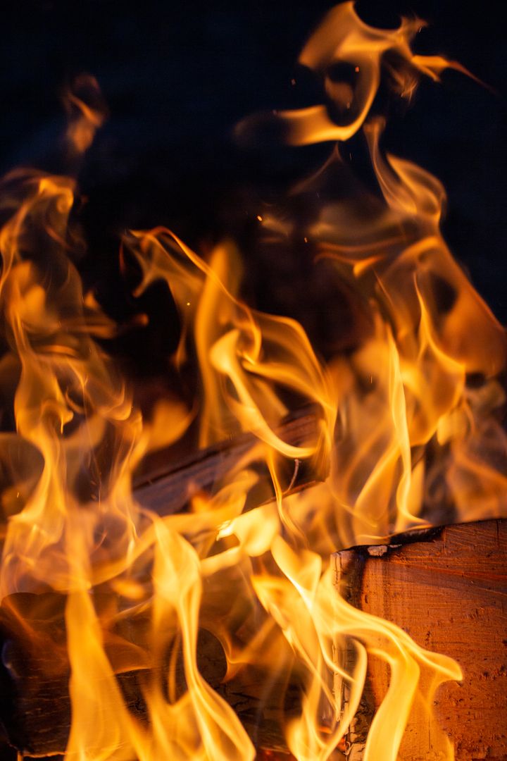 Mesmerizing Flames from Burning Wood, Close-up, Detailed Fire Patterns