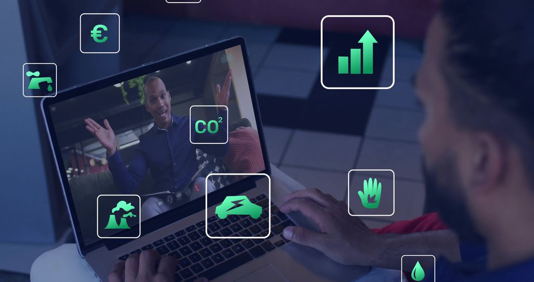 Bearded man watching remote sustainability webinar on laptop with presenter and green icons