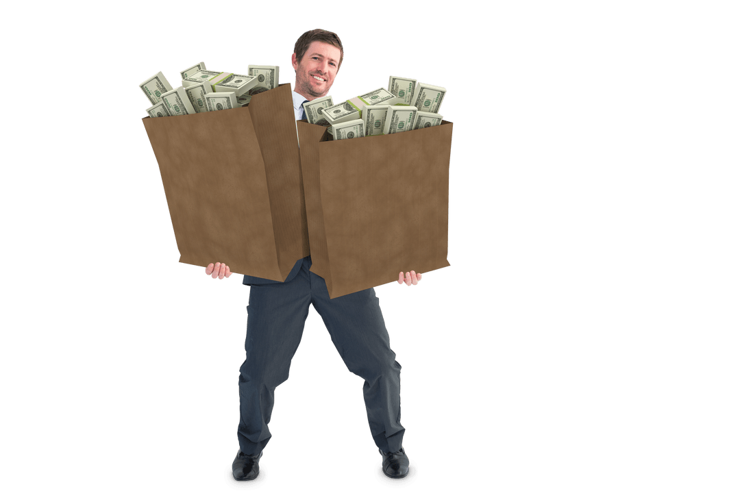 Smiling Man Holding Bags Overflowing with Cash - Transparent Background