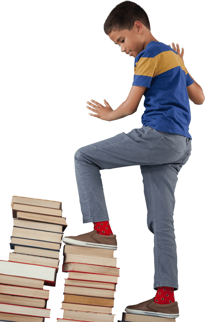 Schoolboy Climbing Transparent Stack of Books for Education Concept