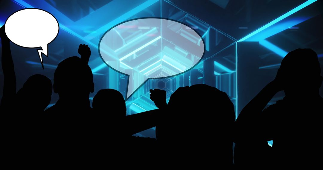 Silhouette Figures in Futuristic Blue Digital Tunnel Background