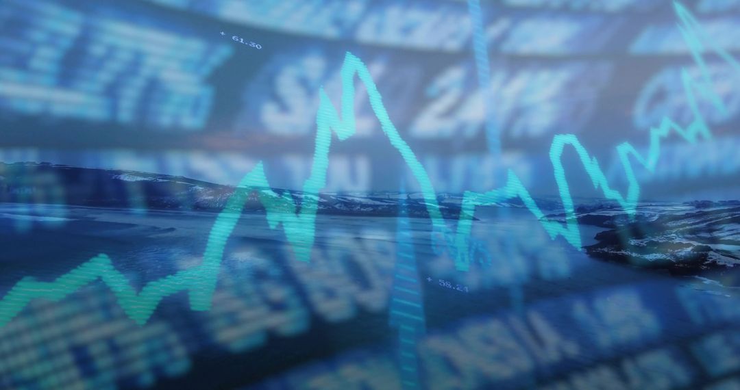 Dynamic Financial Data Charts Over Scenic Fjord Landscape