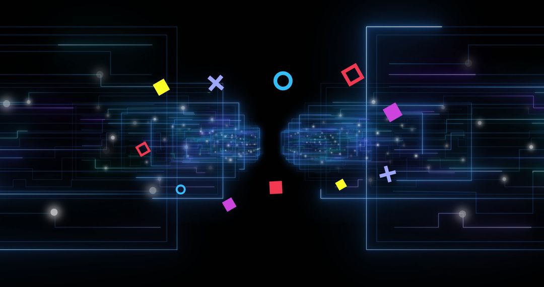 Neon Circuit Connection with Floating Geometric Shapes