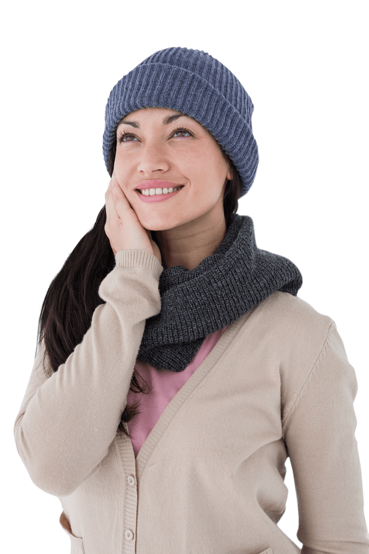 Smiling Woman with Beanie and Scarf on Transparent Background