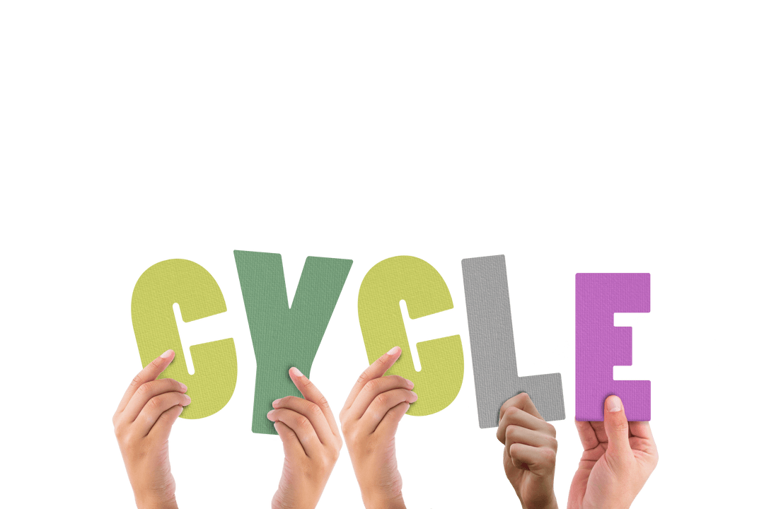 Hands Holding Colorful Alphabet to Spell Cycle on Transparent Background