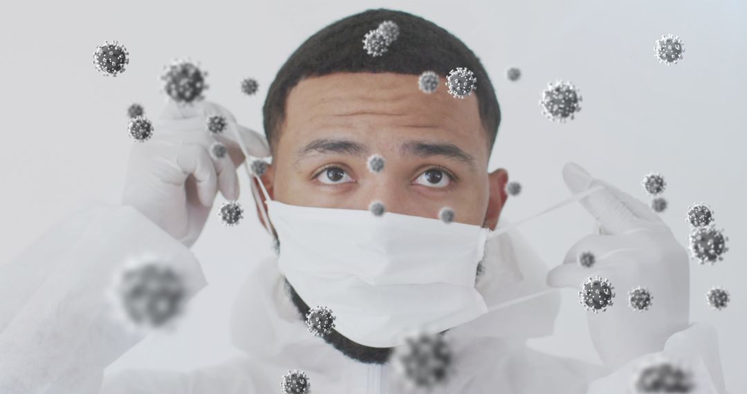 Scientist in Protective Gear Adjusting Mask in Contaminated Environment