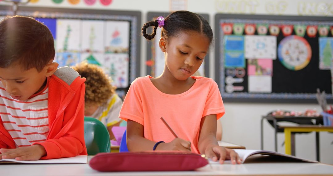 Diverse Children Studying in Colorful Classroom Setting