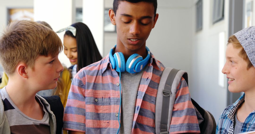 Smiling Multicultural Students Enjoy Corridor Break with Digital Devices
