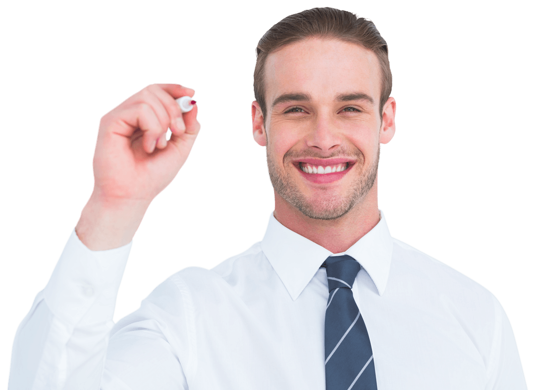Smiling Businessman Drawing with Marker on Transparent Screen