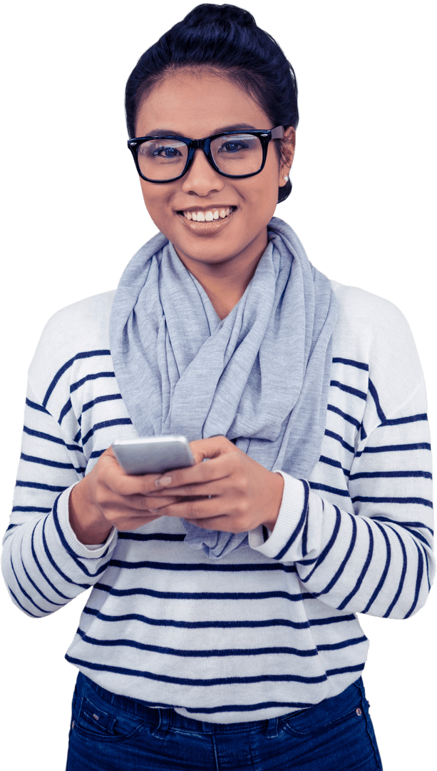 Transparent Woman Smiling Using Smartphone With Glasses
