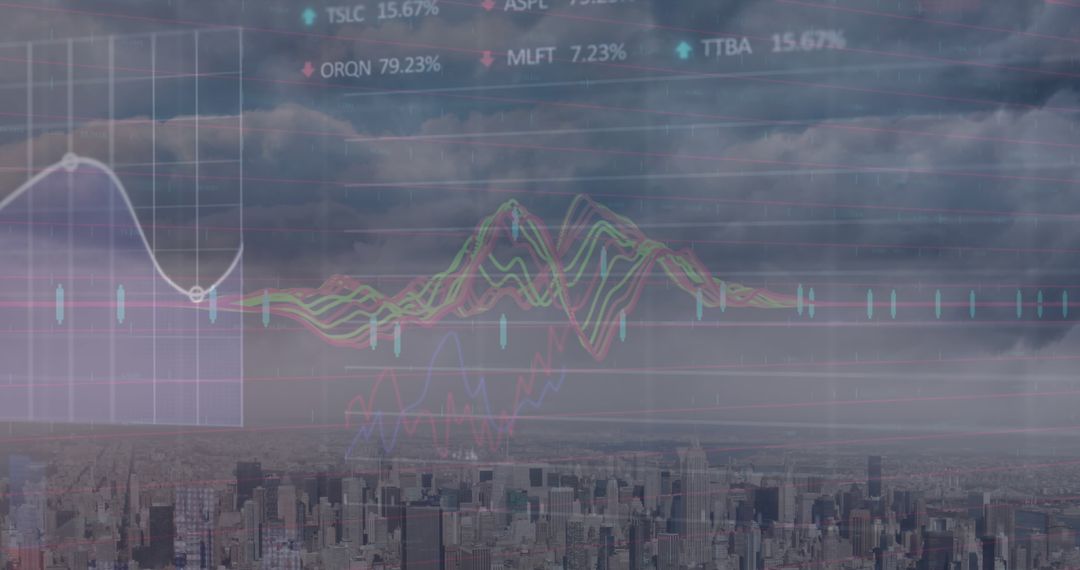 Stock Market Data Overlay on Urban Cityscape Skyline