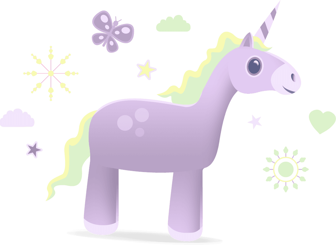 Purple Unicorn with Whimsical Icons on Transparent Background