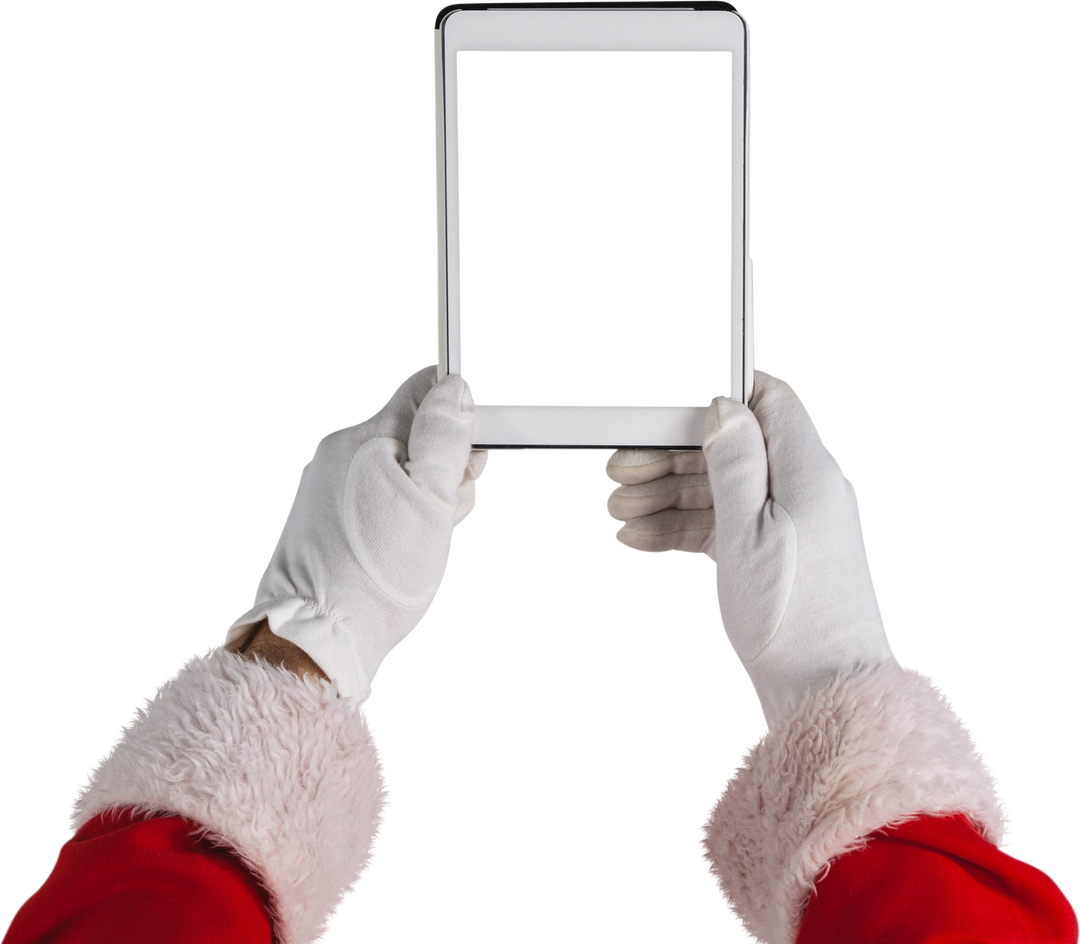 High Angle Closeup of Santa Claus Holding Transparent Digital Tablet - Download Free Stock Images Pikwizard.com