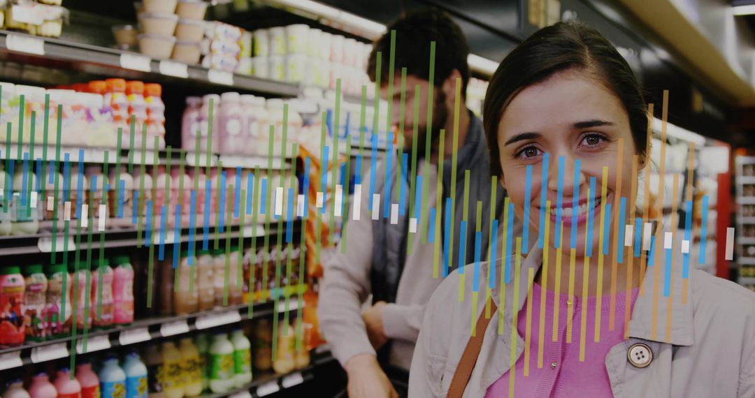Couple Shopping in Supermarket Aisle with Vibrant Overlay and Dairy Products