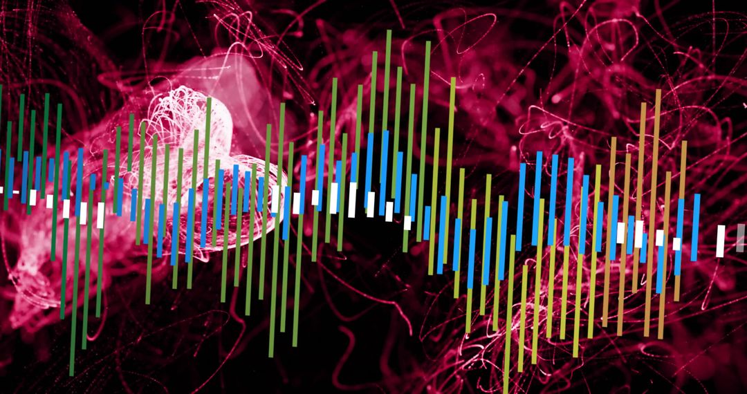 Pulsing neon audio spectrum with glowing equalizer bars over abstract light trails