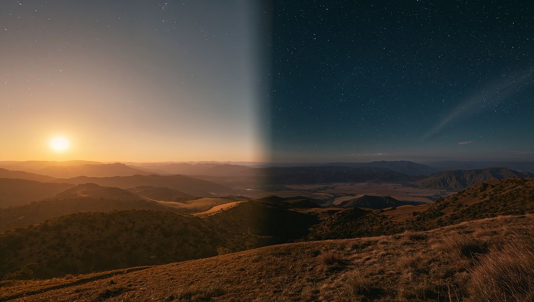 Sunset to Starry Night Panorama Over Rolling Hills and Valleys