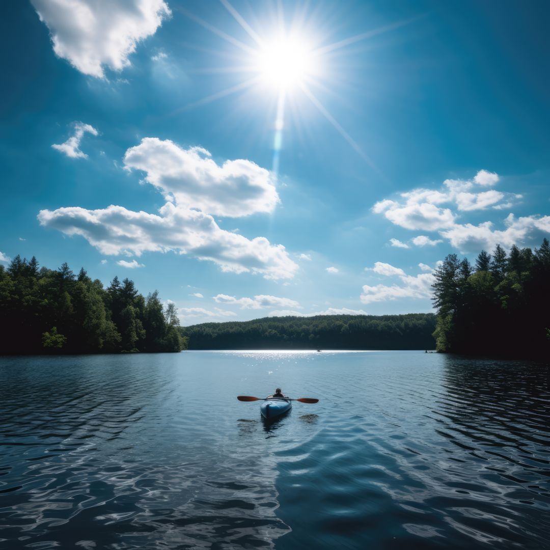 Person Kayaking on Serene Lake under Bright Sun - Free Images, Stock Photos and Pictures on Pikwizard.com