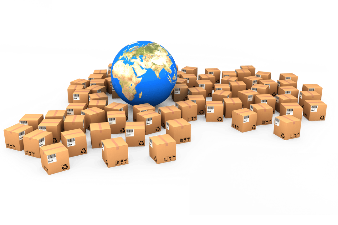 Globally Distributed Cardboard Boxes on Transparent Background