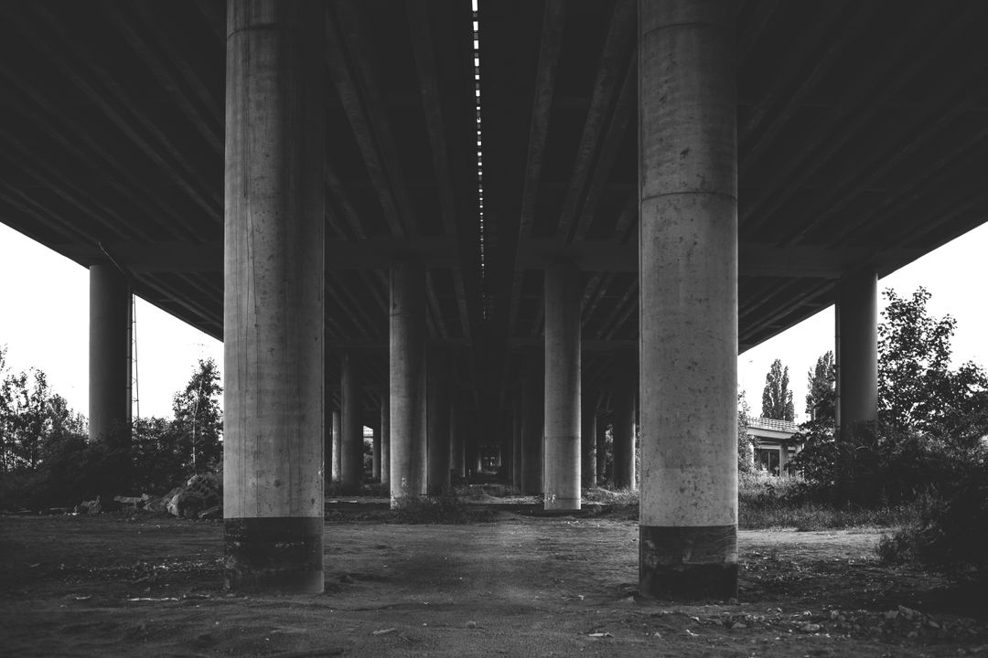 Underneath Urban Highway Bridge, Dramatic Perspective