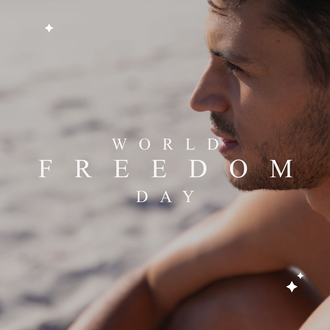 Contemplative Man on Beach for World Freedom Day Concept