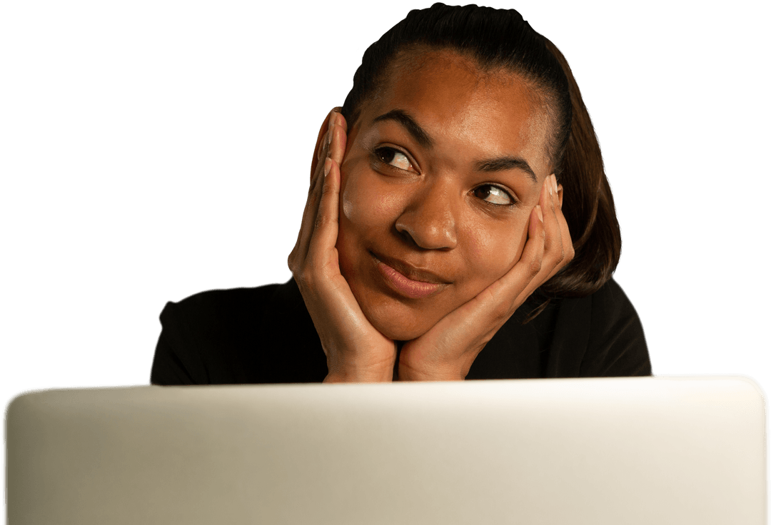 Transparent Concept Thoughtful Woman With Laptop engaging with Technology