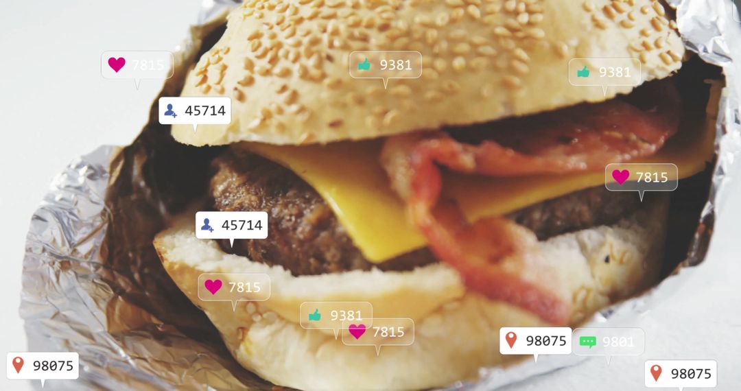 Bacon Cheeseburger with Social Media Icons Illustrating Popularity