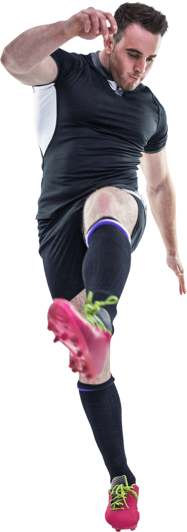 Caucasian Footballer Kicking Ball on Transparent Background